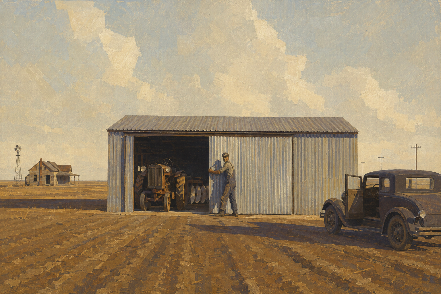 The tractor man shuts the shed