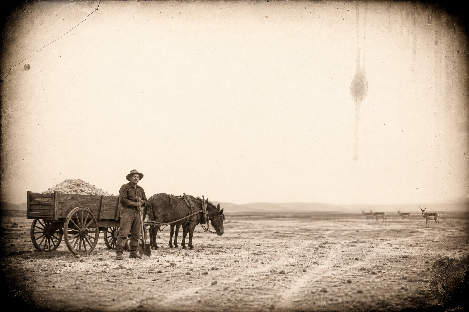 Six miles north of town at the salt lick, Call sweats scooping salt into a borrowed wagon while antelope stand off at the edge of the flat.