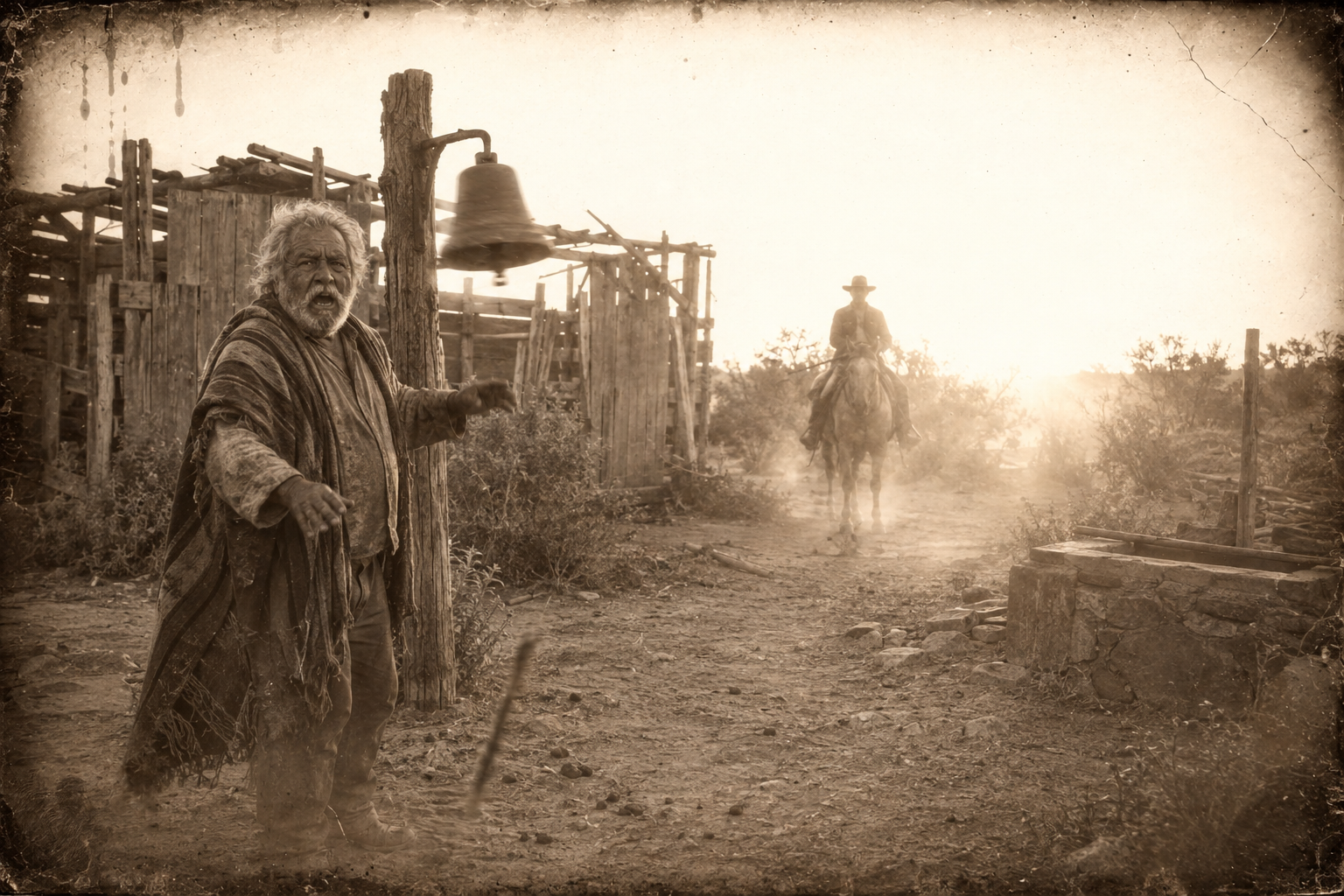 Bolivar drops the broken crowbar at the dinner bell as Call rides into Lonesome Dove out of the sunset.