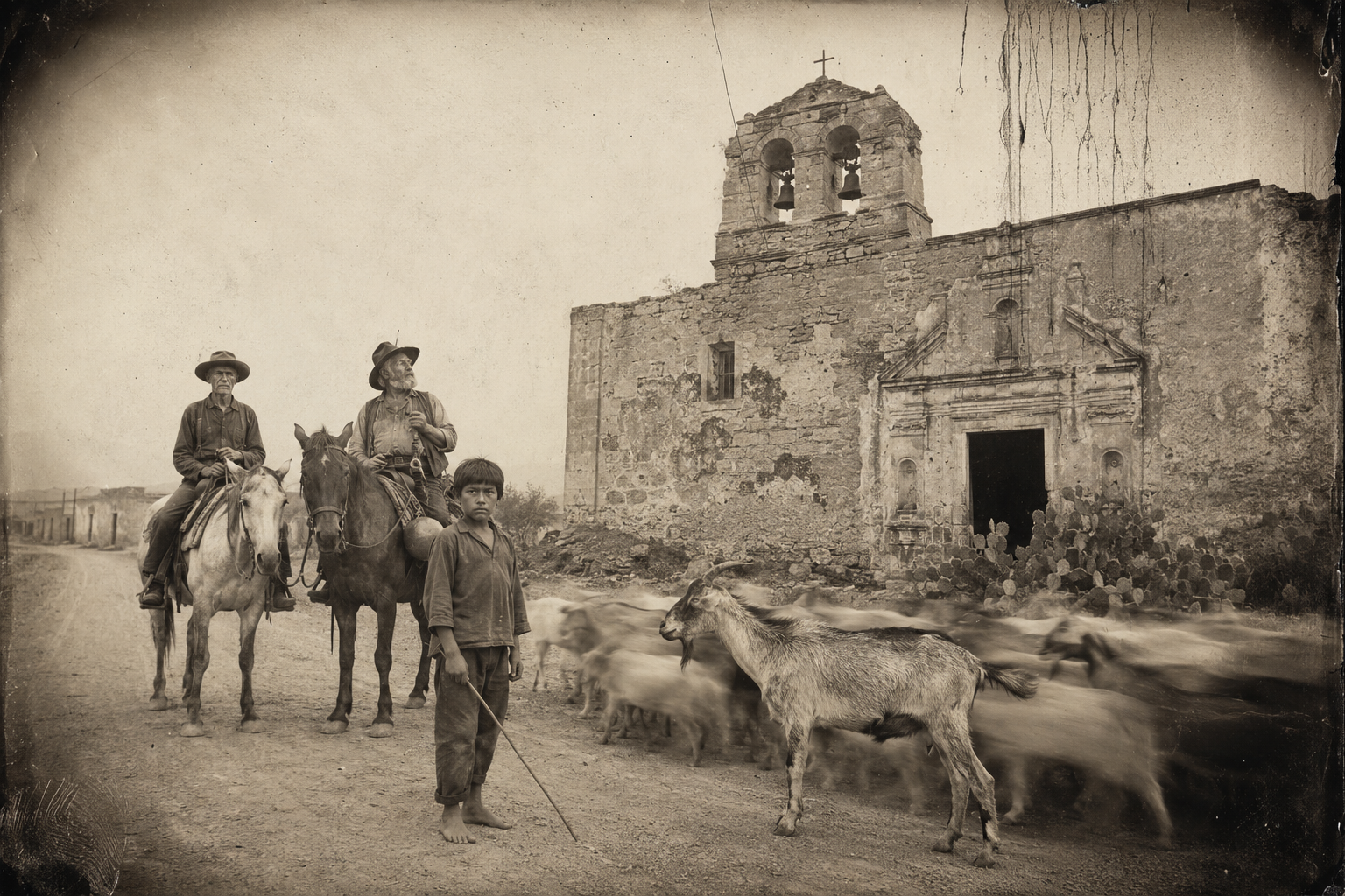 They reach San Antonio late in the day, passing near one of the old missions, where a Mexican boy in a brown shirt is bringing in a small herd of goats.
