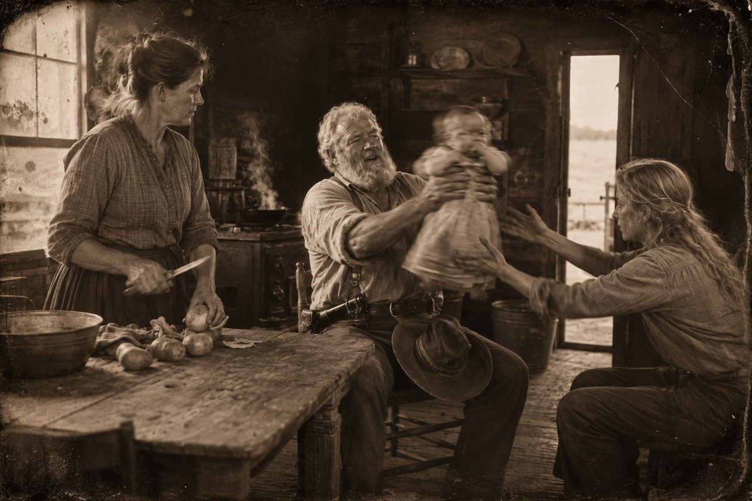 Clara hands July's baby to Augustus as if it were a package and goes back to her potatoes; Lorena reaches to take the child off him.