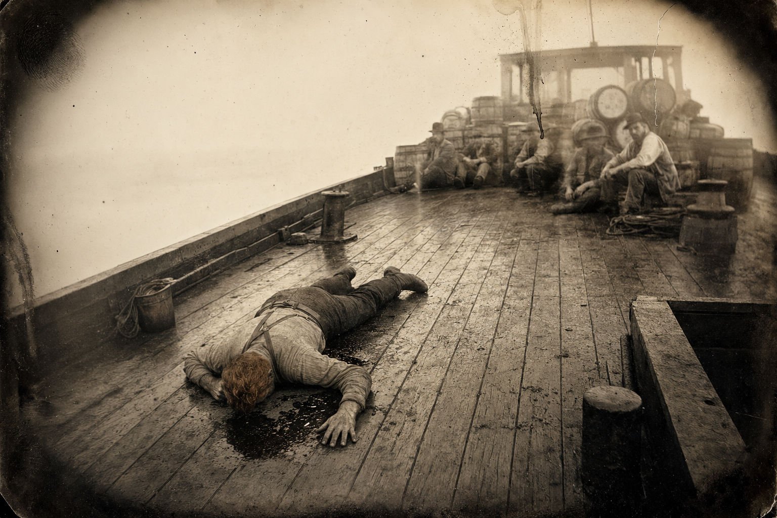 The morning after the moon — the red-haired trader lying face down on the deck, dead, with the men grouped silent at the far end of the boat.