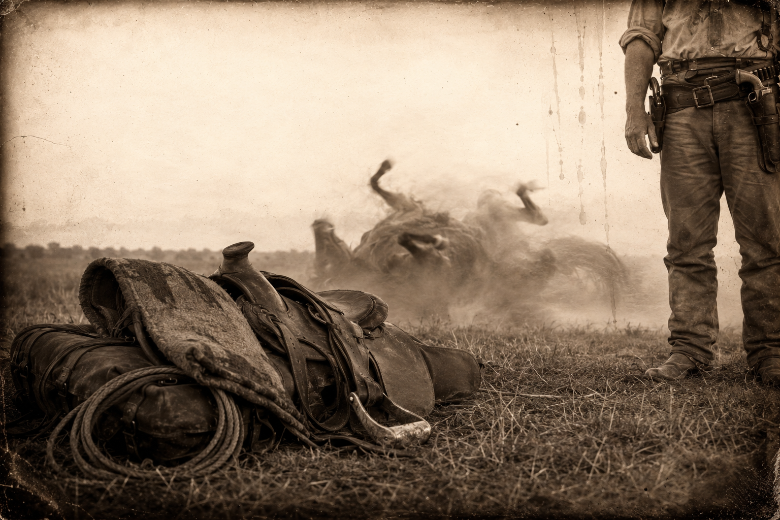 Gus pulls the saddle off his tired horse and the horse lies down and rolls, scratching its sweaty back.