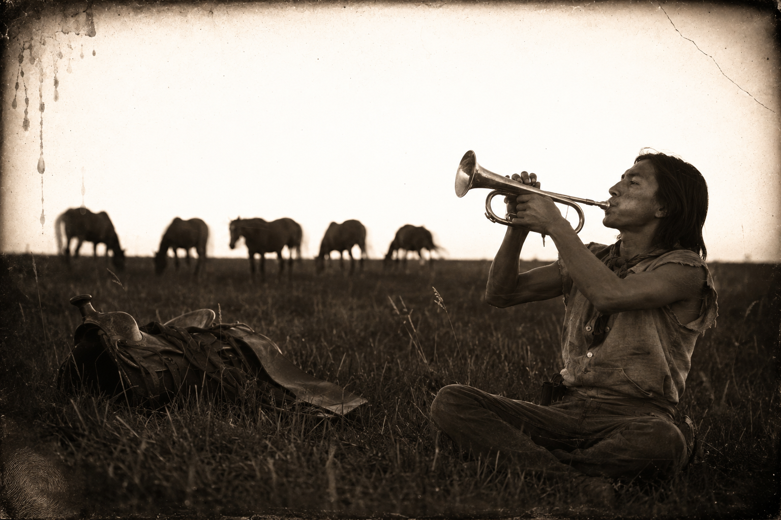 After sundown Blue Duck drops his saddle and tells Ermoke to have a taste; the man with the bugle sits in the grass and blows calls.