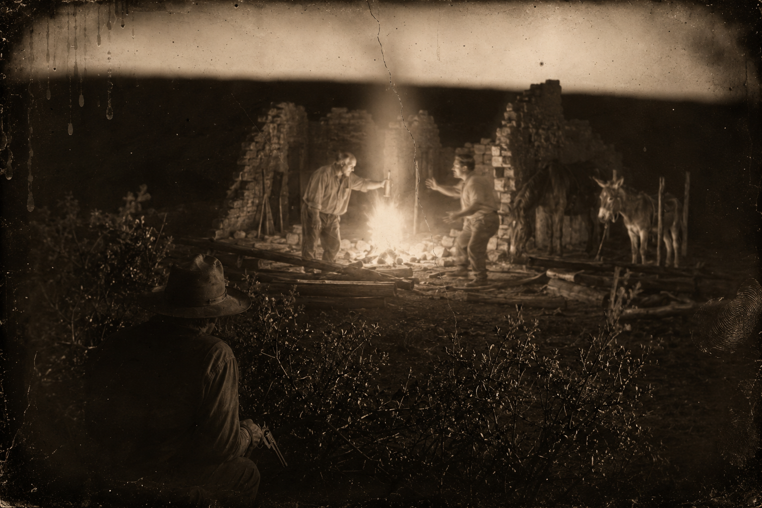 Newt squats alone behind a chaparral bush thirty yards from the roofless hut, pistol in hand, watching two stout unarmed men argue over whether to eat the mule.