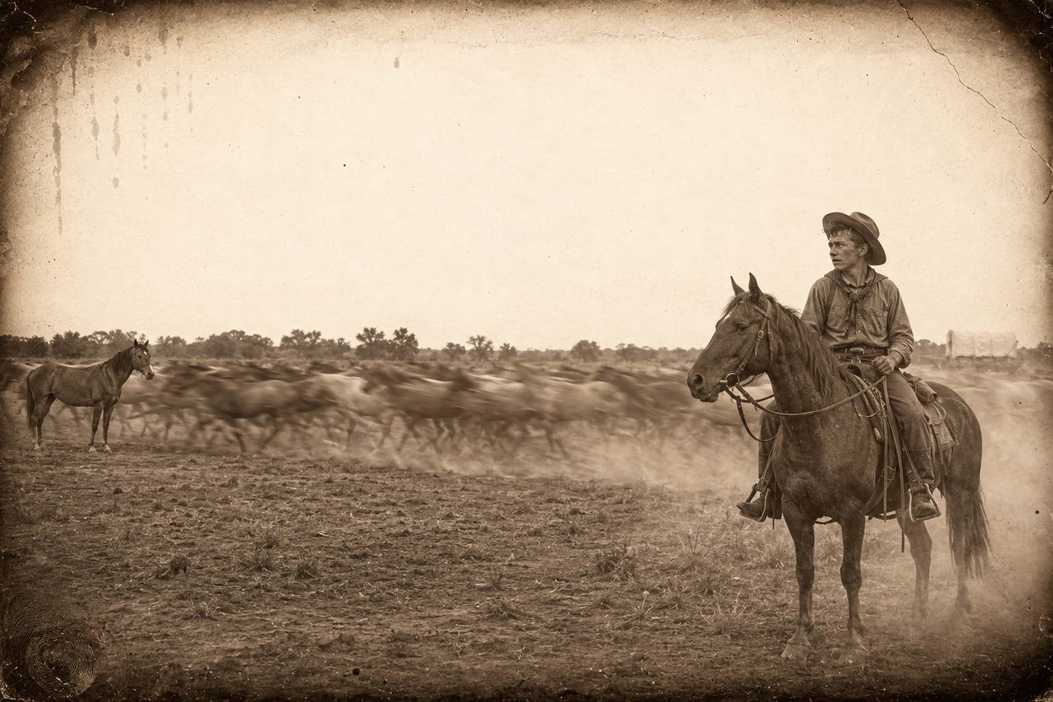 The wrangler turns the remuda loose — fifty or sixty horses jumping and kicking up their heels, glad to be moving.