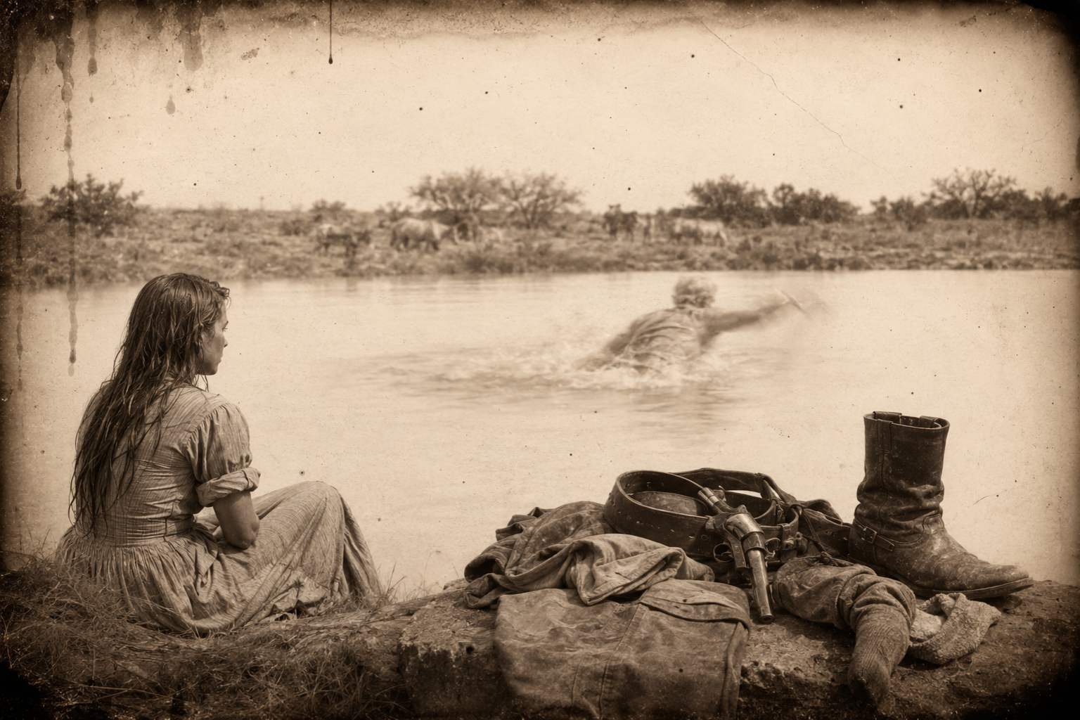 Gus strips to his old pink flannel underwear and wades straight into the cold water hole, splashing off across the pool and ducking his head under, while Lorena watches from the bank.