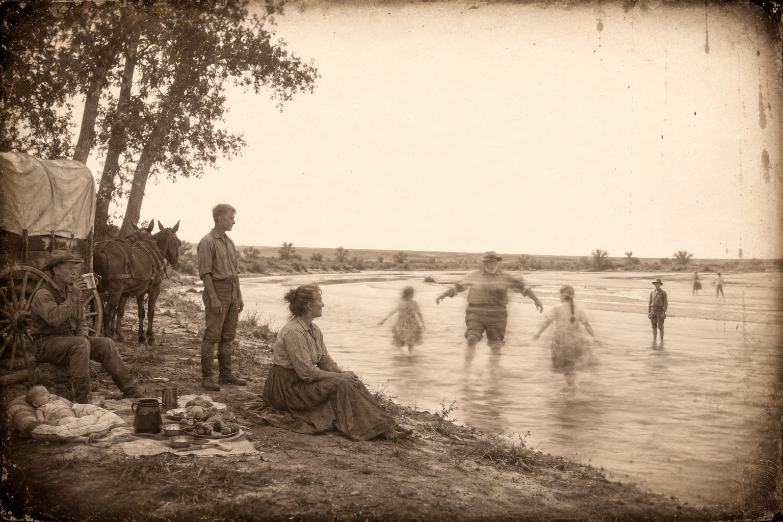 The picnic three miles west on the Platte — Gus wading with the girls, Call sitting apart with the buttermilk, July refusing to take off his boots.