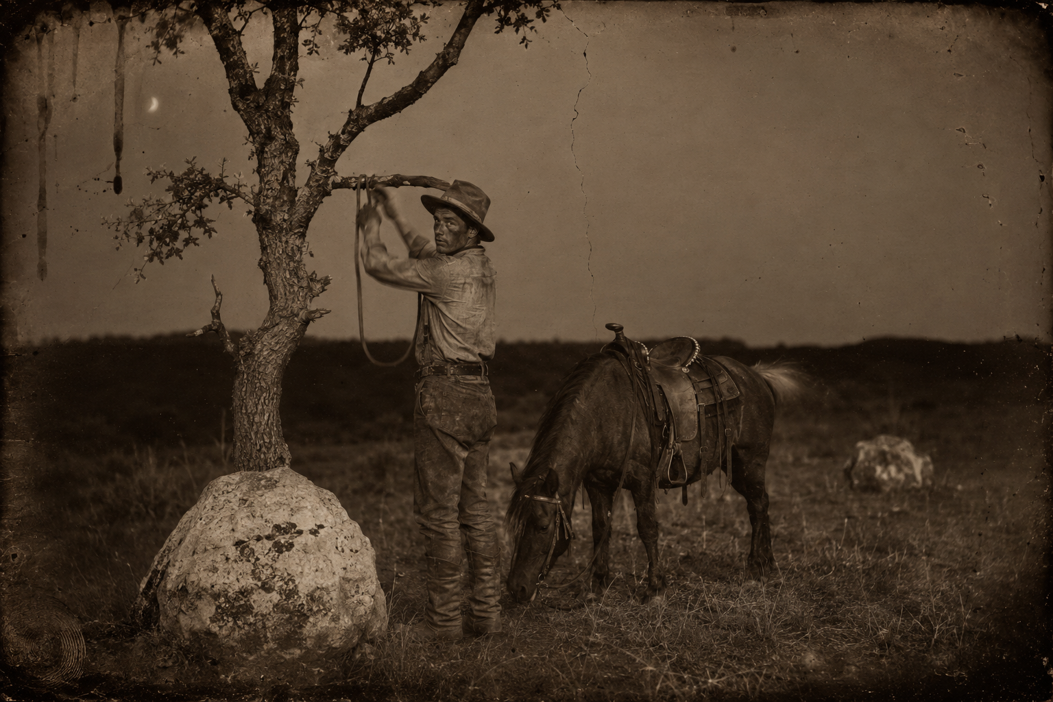 Half a mile off, Newt loops Mouse's rein over a tree limb beside a boulder he means to use as a landmark — breaking the rule about never leaving your horse.