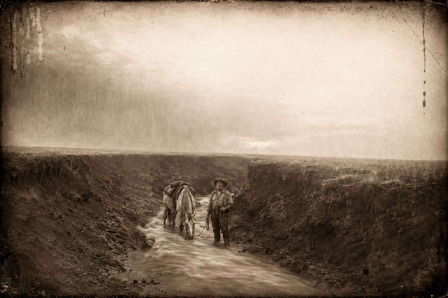 Janey has taken the pistol and gone over the lip; the storm breaks and Roscoe sits soaked in the gully while a little river runs down a bed that was bone dry when they rode up.