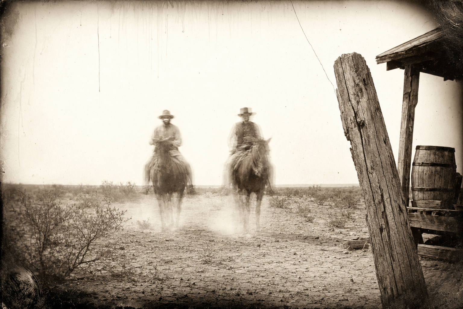 Deets and Jake Spoon riding in across the flats toward the house, the pacing bay kicking up little puffs of dust in the wagon yard.