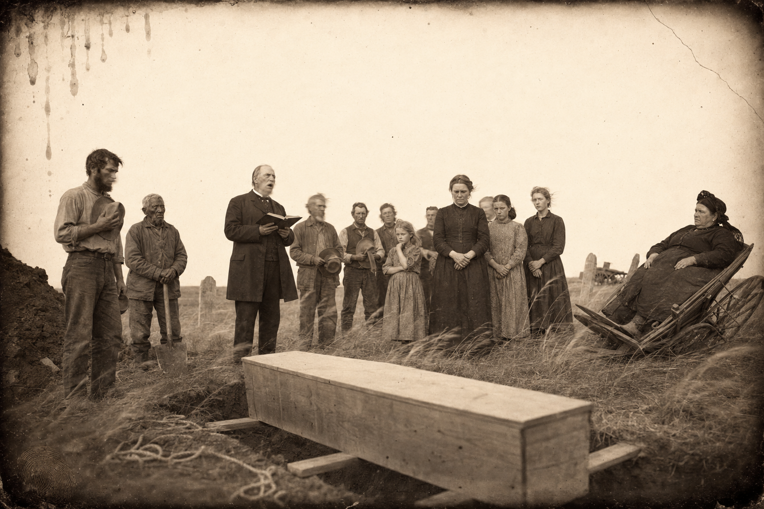 The burial — two German neighbour families sing hymns loudly in poor English over Bob's pine coffin while the girls try not to stare at Mrs Jensch.