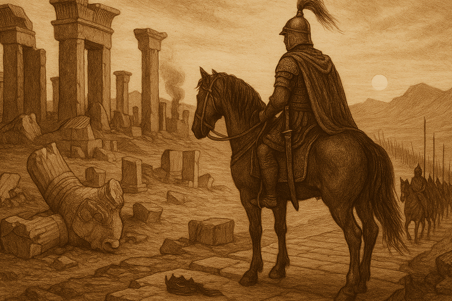 Sekandar, the world-conqueror, riding at the head of his Macedonian columns through the ruined gates of Persepolis.