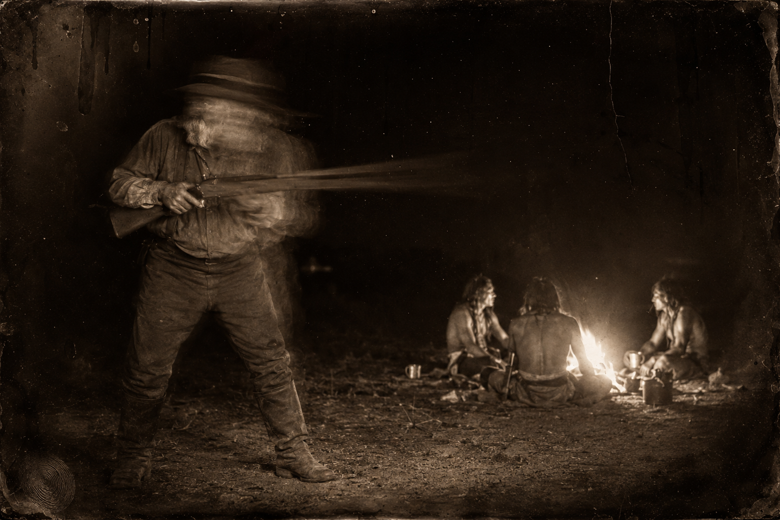 Monkey John alone hears the running horses, jumps up with his rifle, and is shot out of the dark before he can fire.