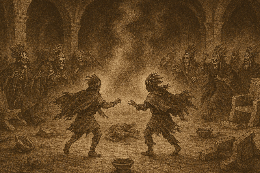 The Lords of Xibalba scattering in panic before the ragged dancers who will not bring them back.