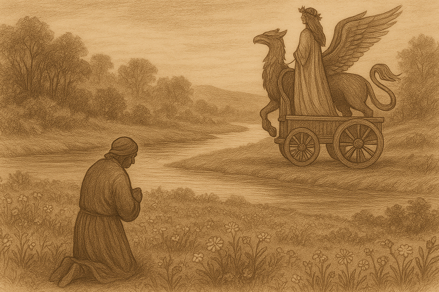 Beatrice crowned with olive leaves on a chariot drawn by a griffin, meeting Dante across the river Lethe in the Earthly Paradise.