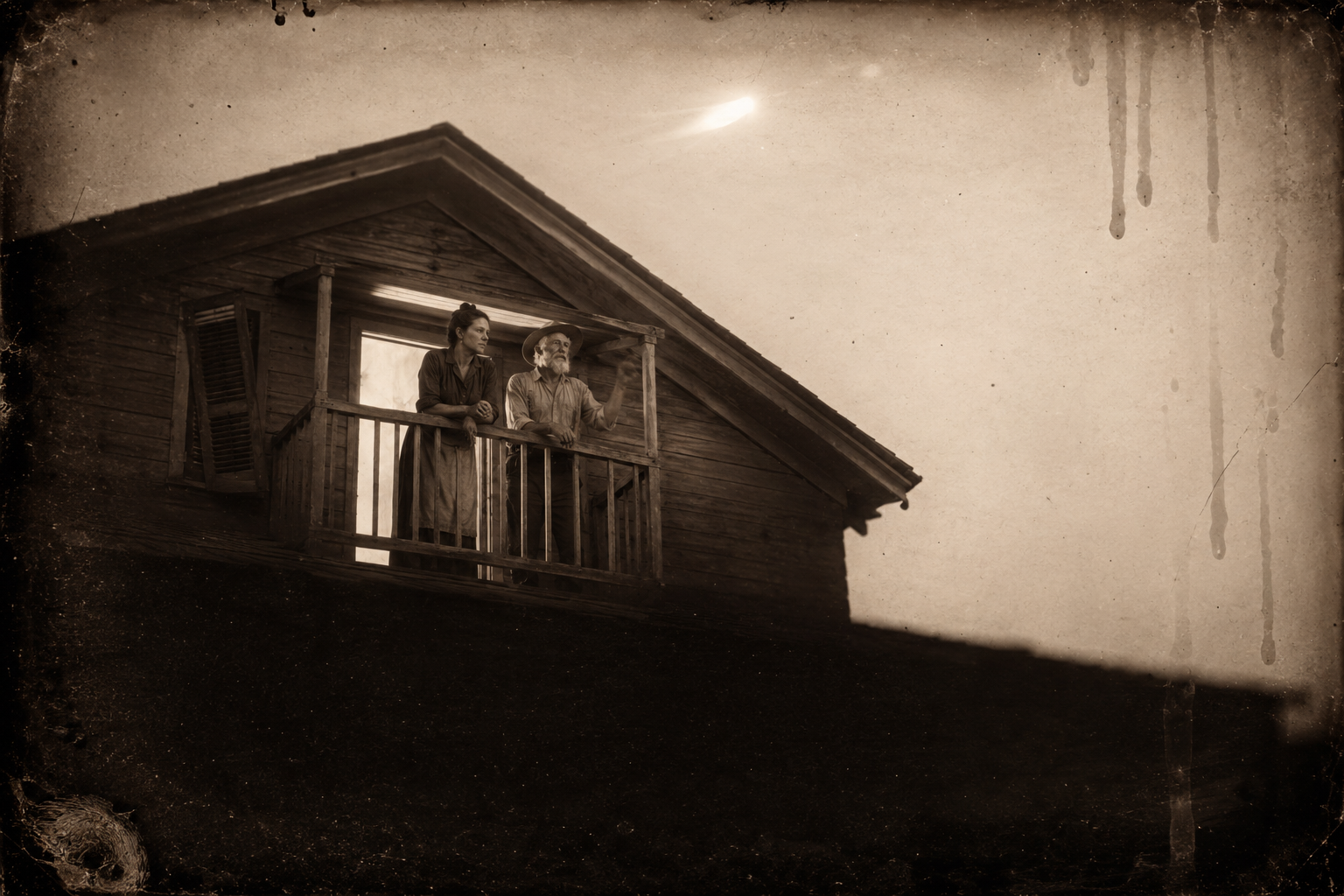 They walk out onto the little upper porch for the cool air, and Clara asks him why he came up here — he ain't a cowboy.