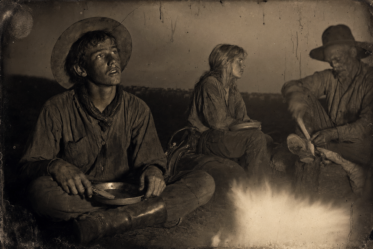 Sean O'Brien's night song drifts across the plain from the far side of the herd; Newt, sitting stiffly a few feet from Lorena, looks at her closely for the first time, sees she is not happy, and his eyes fill up.