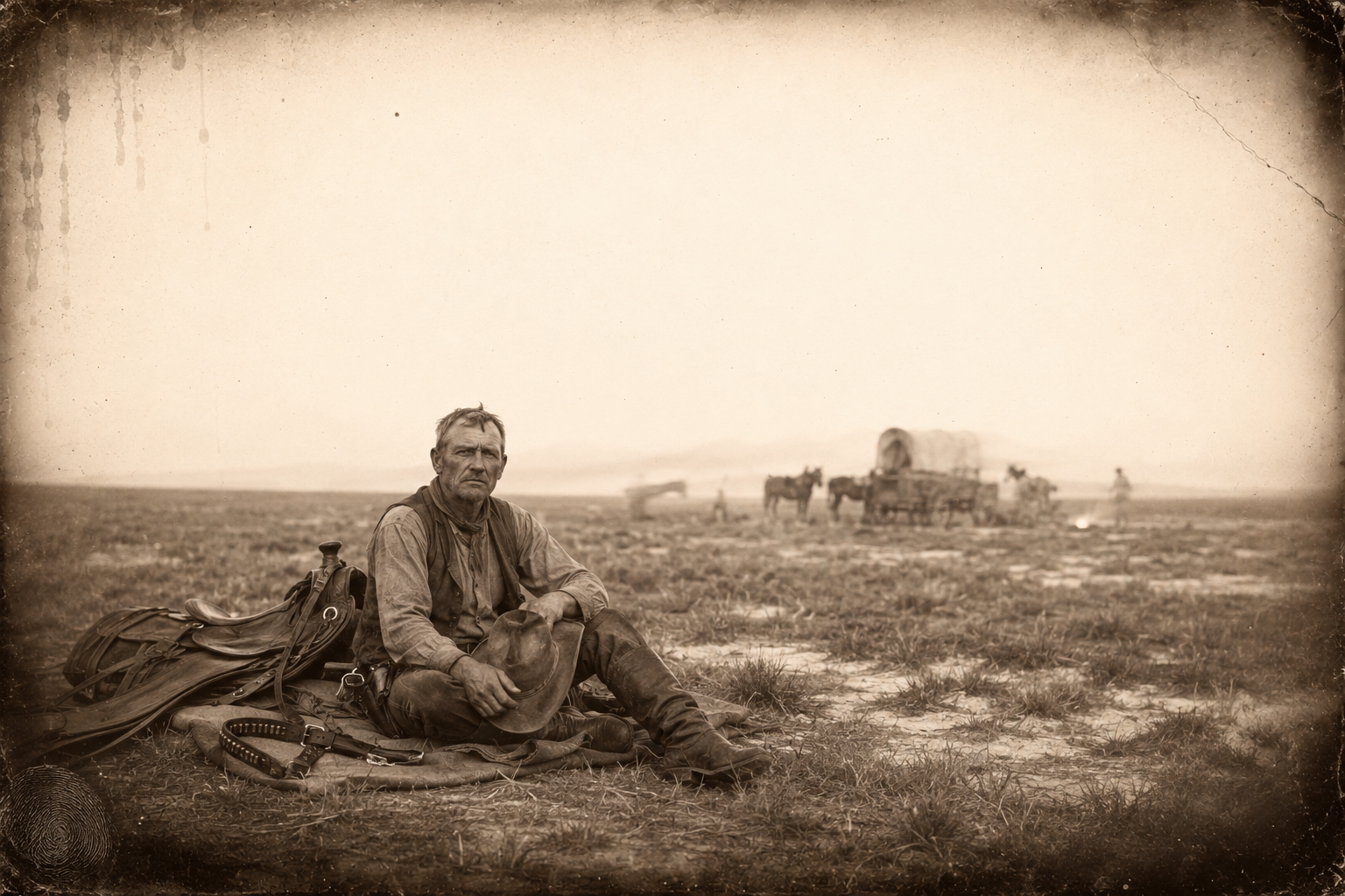 Call, who has slept a distance out of camp and hardly slept at all, sits on his bedroll at first light on the Salt.