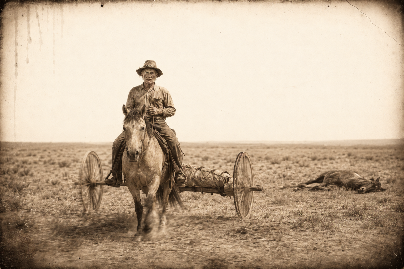 Gus lashed to the old Hat Creek sign and rigged between the two buggy wheels, dragged on across the llano while Greasy the mule lies where he decided to die.