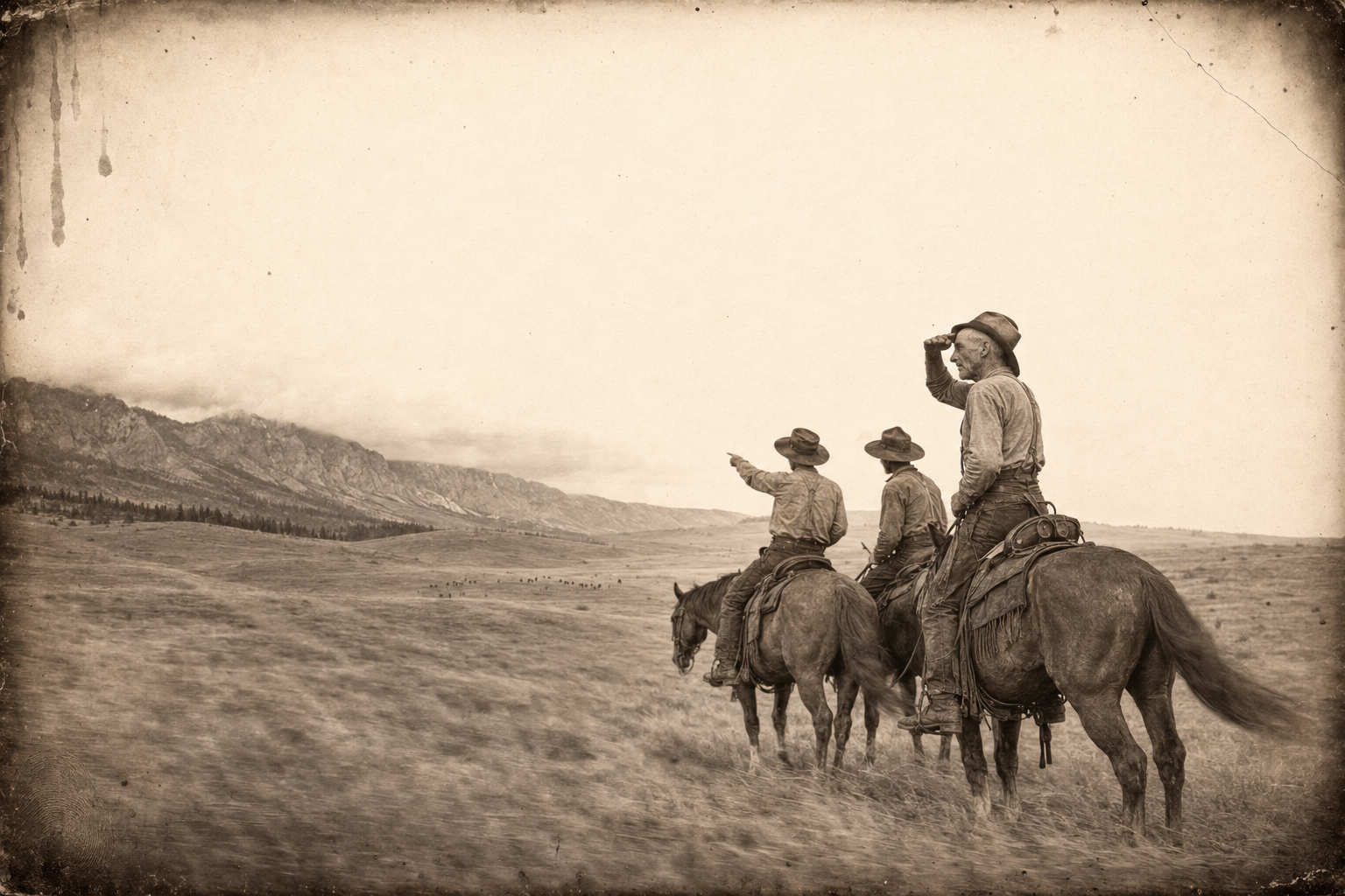 Days riding beside the Bighorn Mountains, their peaks hidden in cloud, the cool air so clear the hands fall to arguing how many miles they can see.