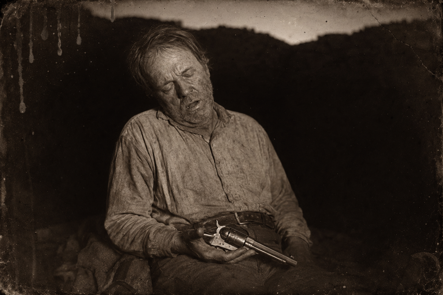 Roscoe nods off sitting upright with his pistol still cocked, dreaming mildly about the wild pigs.