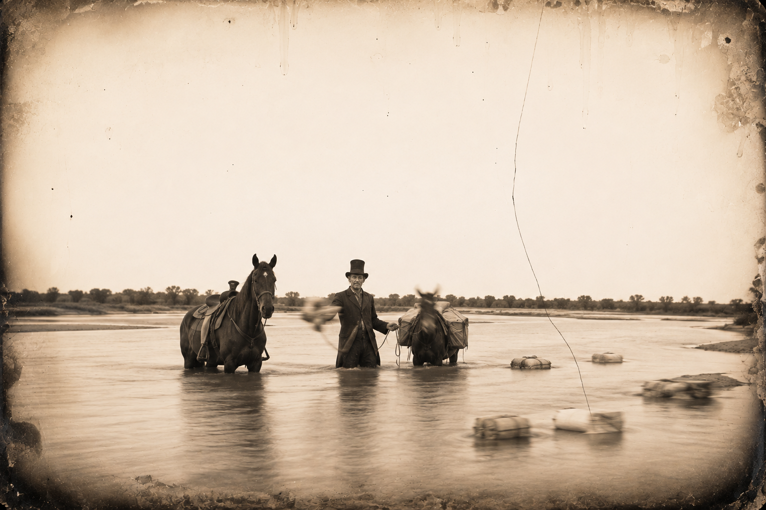 The tall man in the beaver hat, bogged between his horse and his pack mule, cheerfully pitching his parcels into the river.