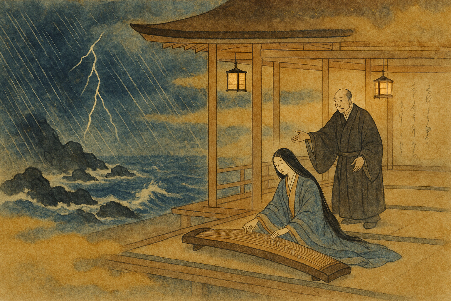 The Akashi Lady at the koto during the great storm, her father gesturing toward her — a woman educated for this encounter.