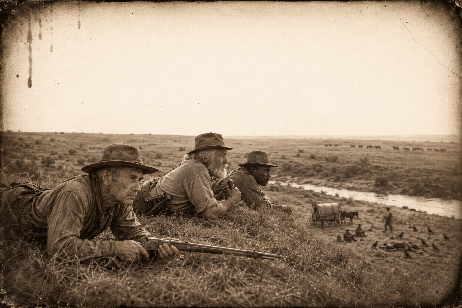 From the crest of the ridge the three of them watch the Suggs camp below — the drummer's wagon, the corpse, four men on their saddle blankets shooting at buzzards.