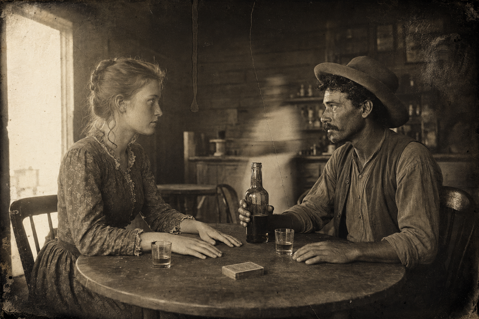 Jake brings his bottle to Lorena's table, sits down looking her right in the face, and says she belongs in San Francisco.