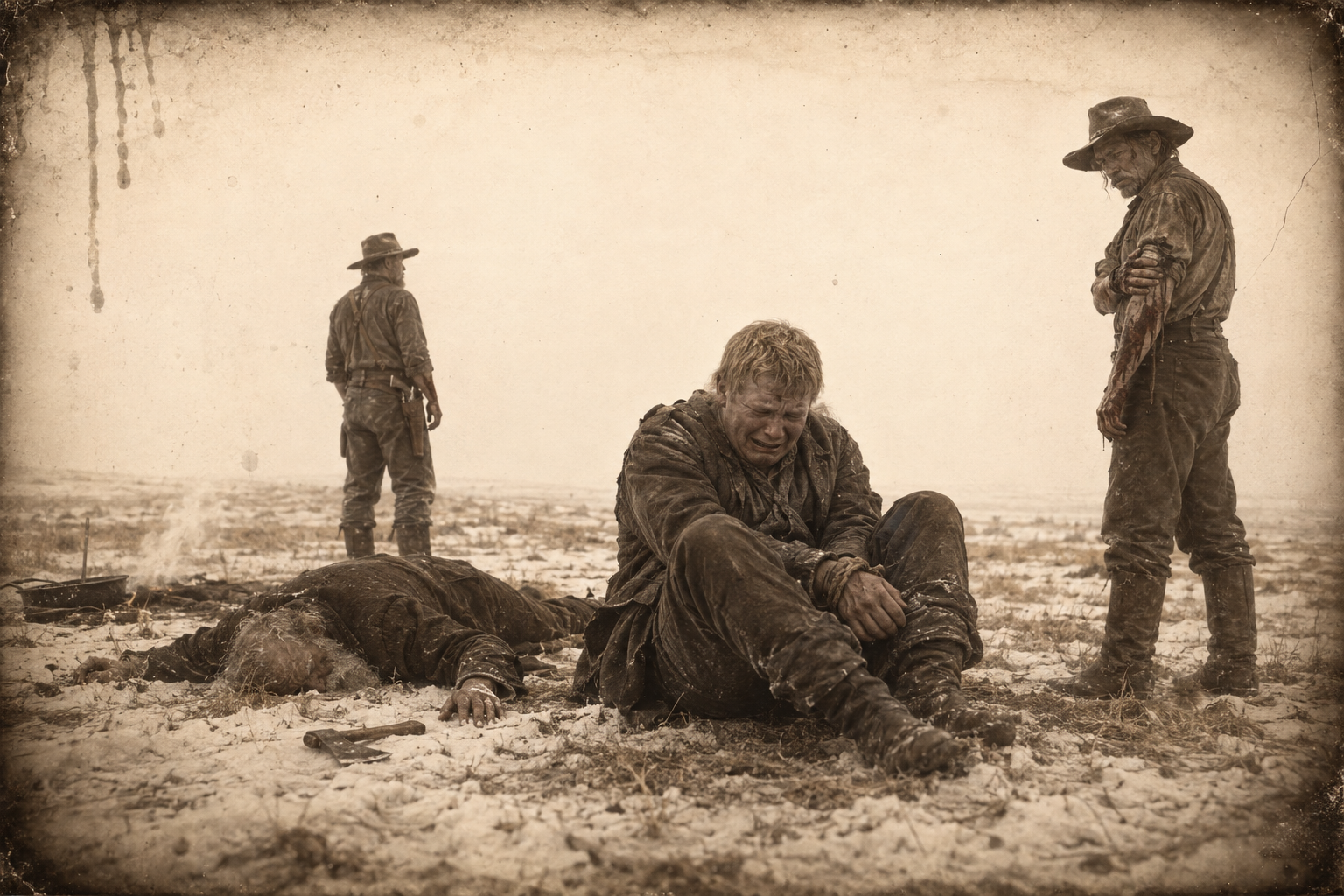 The old man swings the hatchet, opens Needle's arm and is shot; the big boy is run down, tied and brought back, and sits weeping in the thin snow beside his dead father.