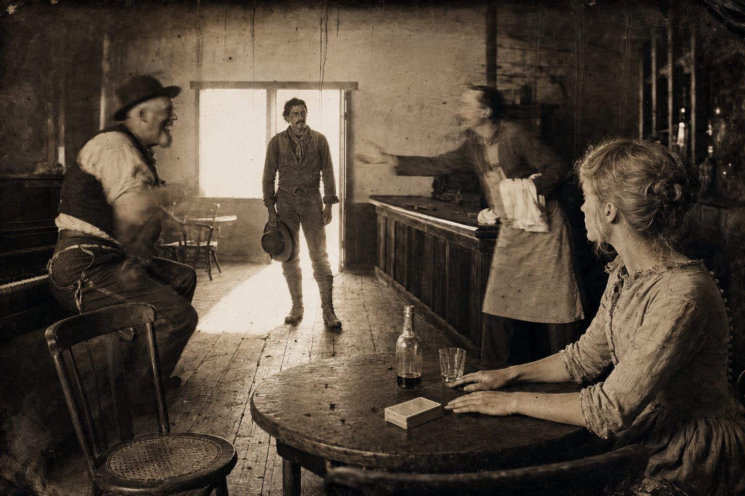 Jake Spoon walks in the door of the Dry Bean — Lippy whoops, Xavier comes out from behind the bar to shake his hand, and Jake sees Lorena without being made nervous by her.