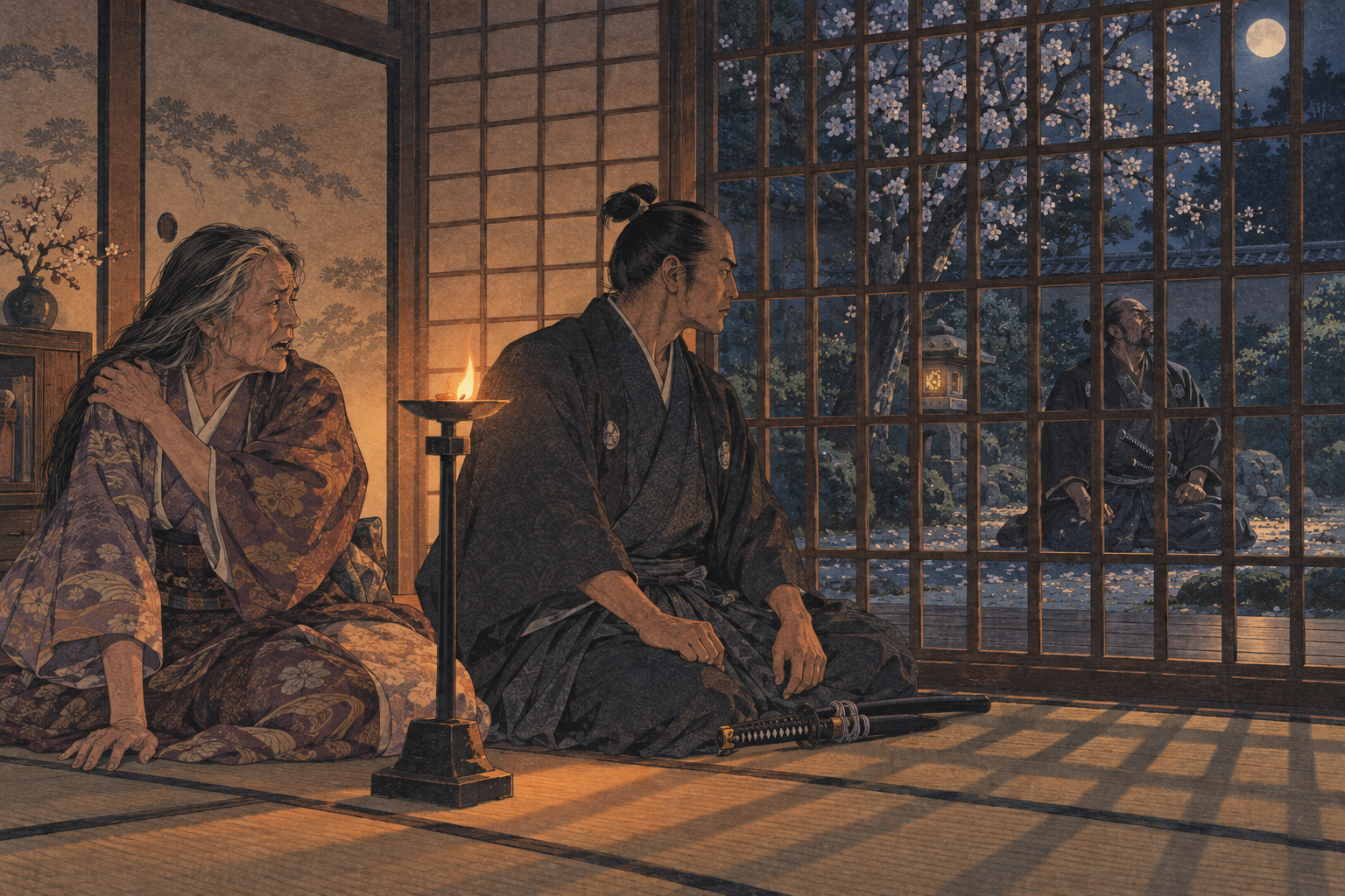 Omi and his mother behind the lattice