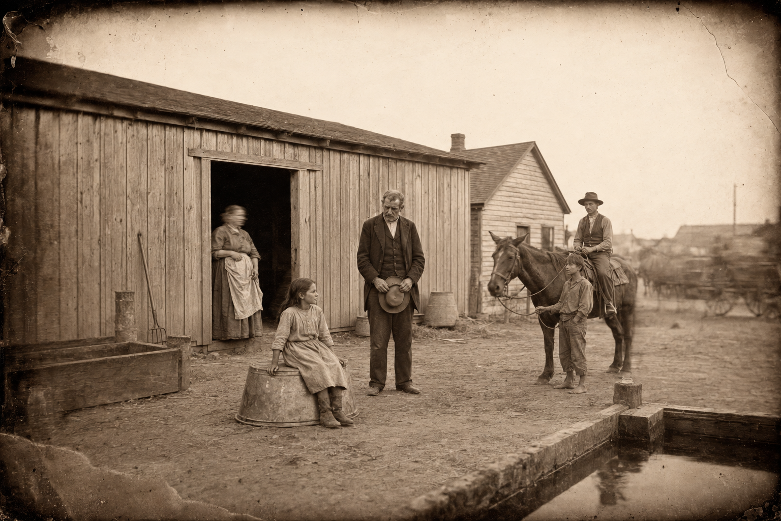 In Fort Worth, with the outlaws handed to the sheriff and two months' board paid, Janey sits on the livery woman's big washtub and says nothing at all while Roscoe stands there in his stiff new black clothes.