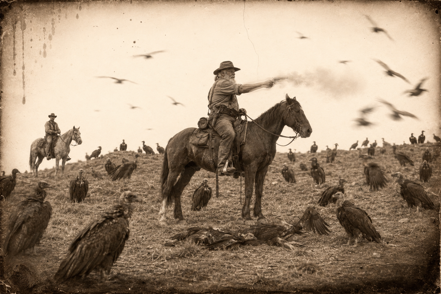 On the knoll, Augustus rides in among the feeding buzzards and shoots two with his pistol — "You like to eat, see how you like being eaten."