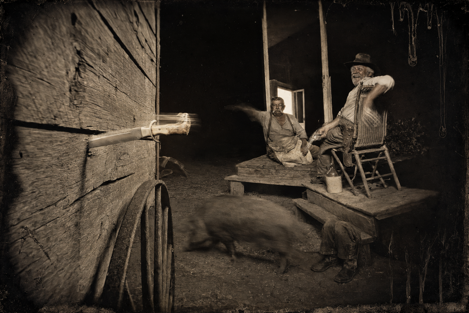 "Only nine" — Bolivar throws the knife into the side of the nearest wagon without getting up, and Augustus reaches around for his Colt to twirl the chamber.