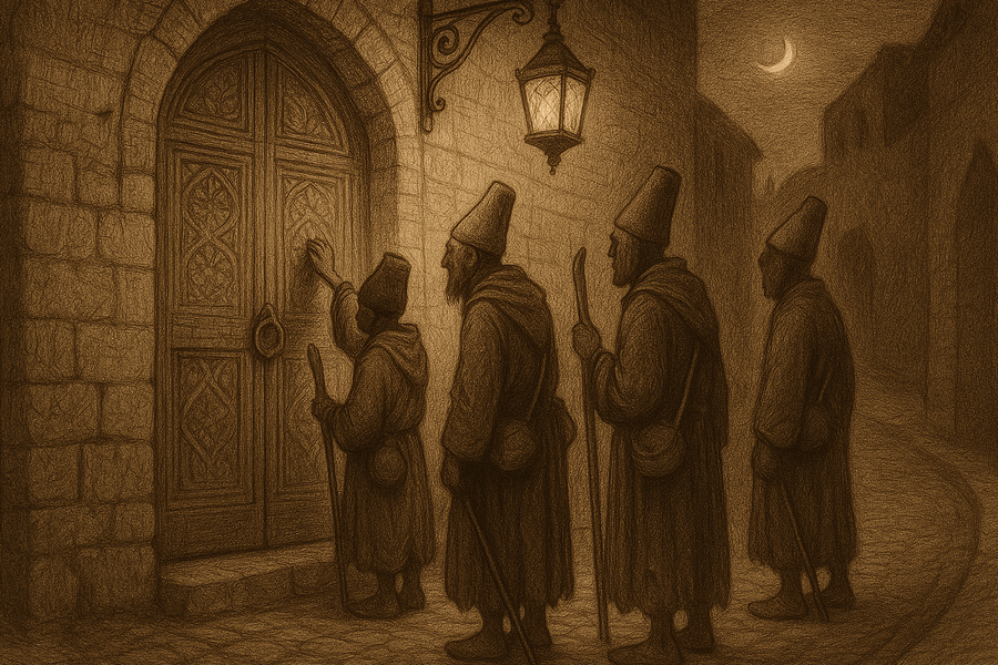 The three one-eyed dervishes in ragged robes arriving at the heavy wooden door of the Baghdad house at night.