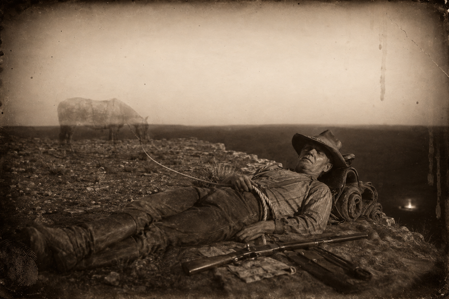 On the bluff's edge Call lies back against his saddle to sleep with the mare's rope wrapped carefully around his waist, the rifle he cleaned for nothing lying beside him.