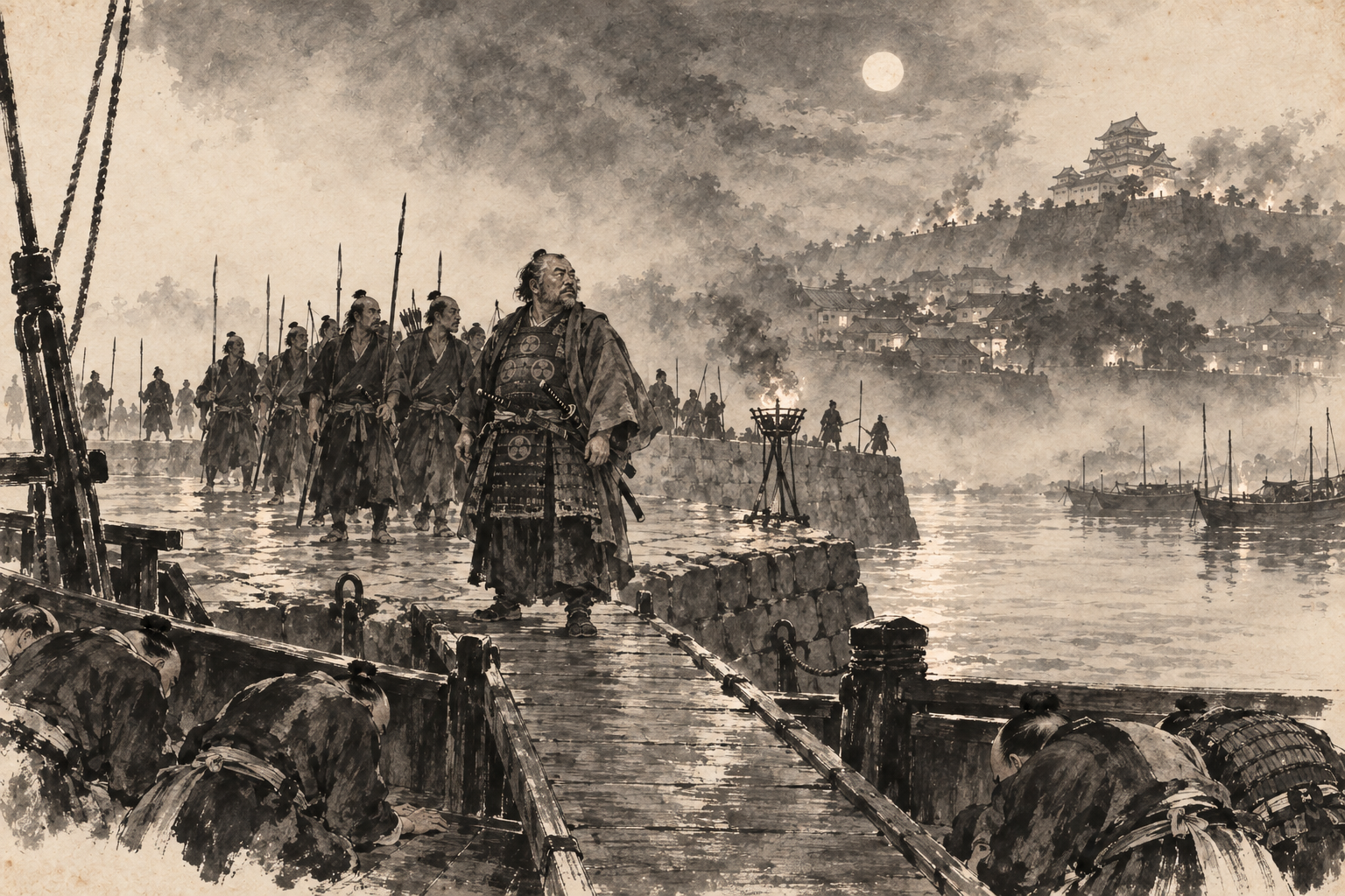 Toranaga walks aboard in armour