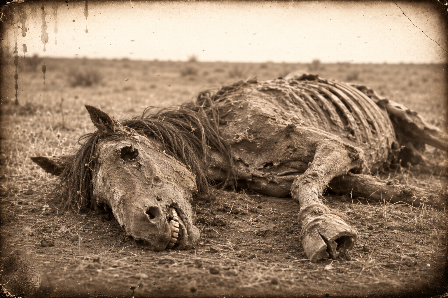 The next day Augustus finds the carcass of Lorena's mare, ridden until she died and left on the plain.