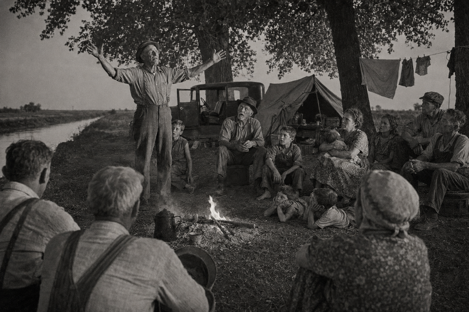The storyteller at the ditch-bank fire