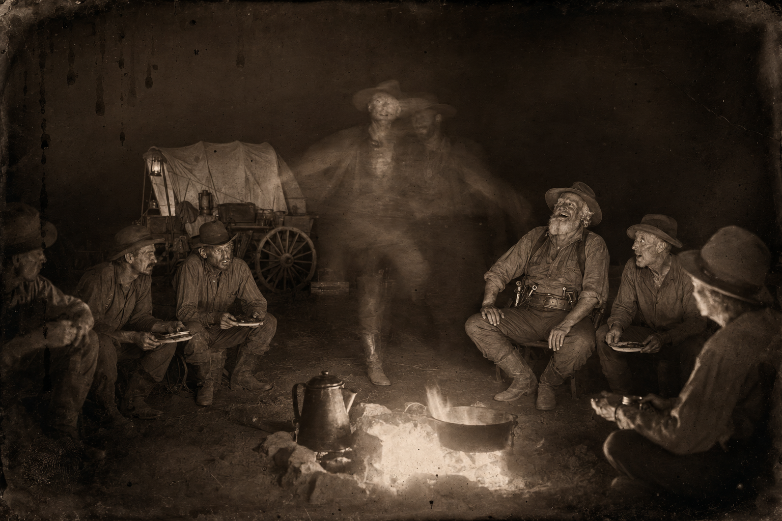 Safe across the river he feared, Jasper Fant dances an impromptu jig at supper while Augustus watches, highly amused.