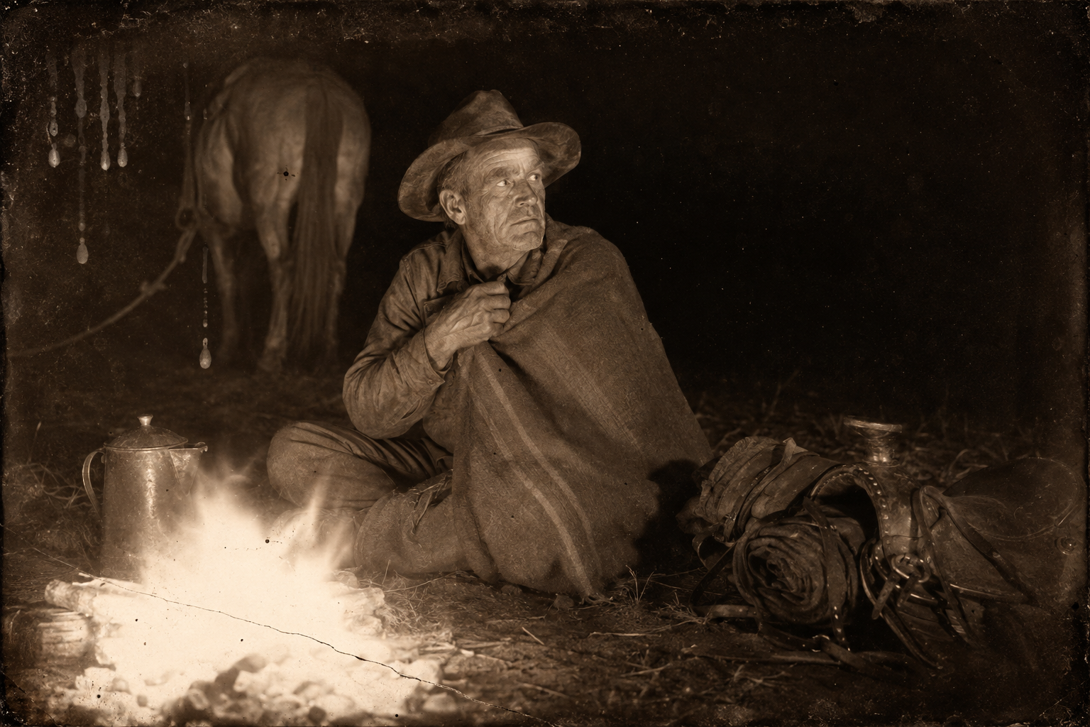 Camping alone east of the Milk after a day's riding over the empty country, Call wakes at his small fire having heard Gus's voice so clearly that he looks around for him.