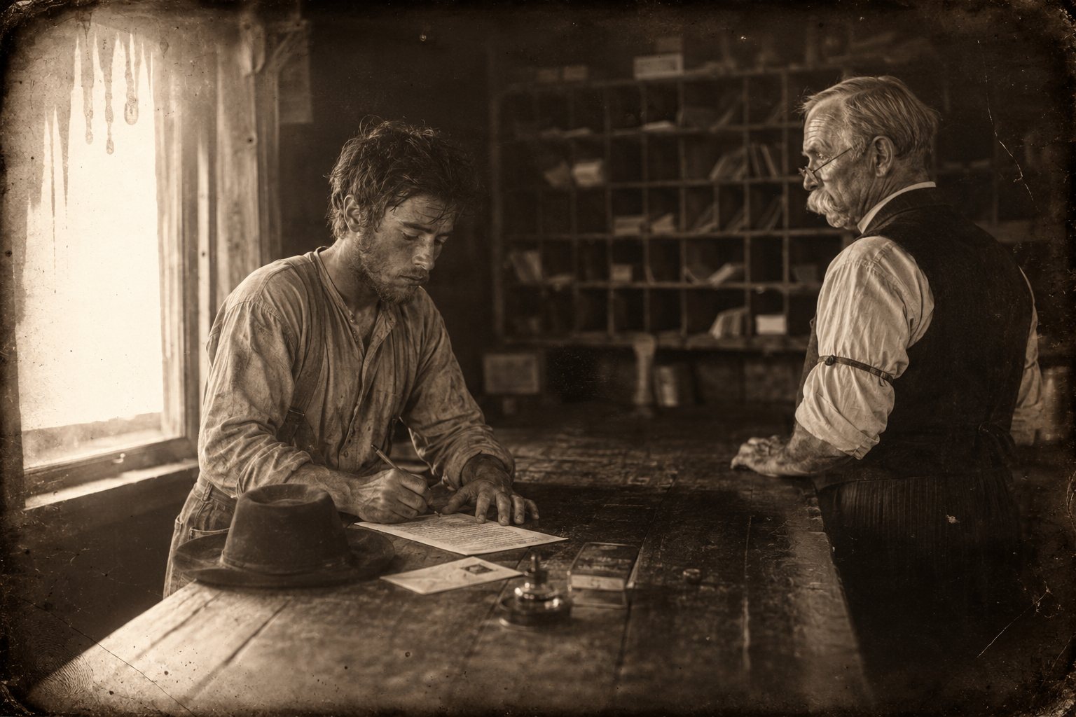 July writes the letter to Peach at the post office window with the clerk's borrowed pencil — three dead and no wife found, and the town can hire another sheriff.