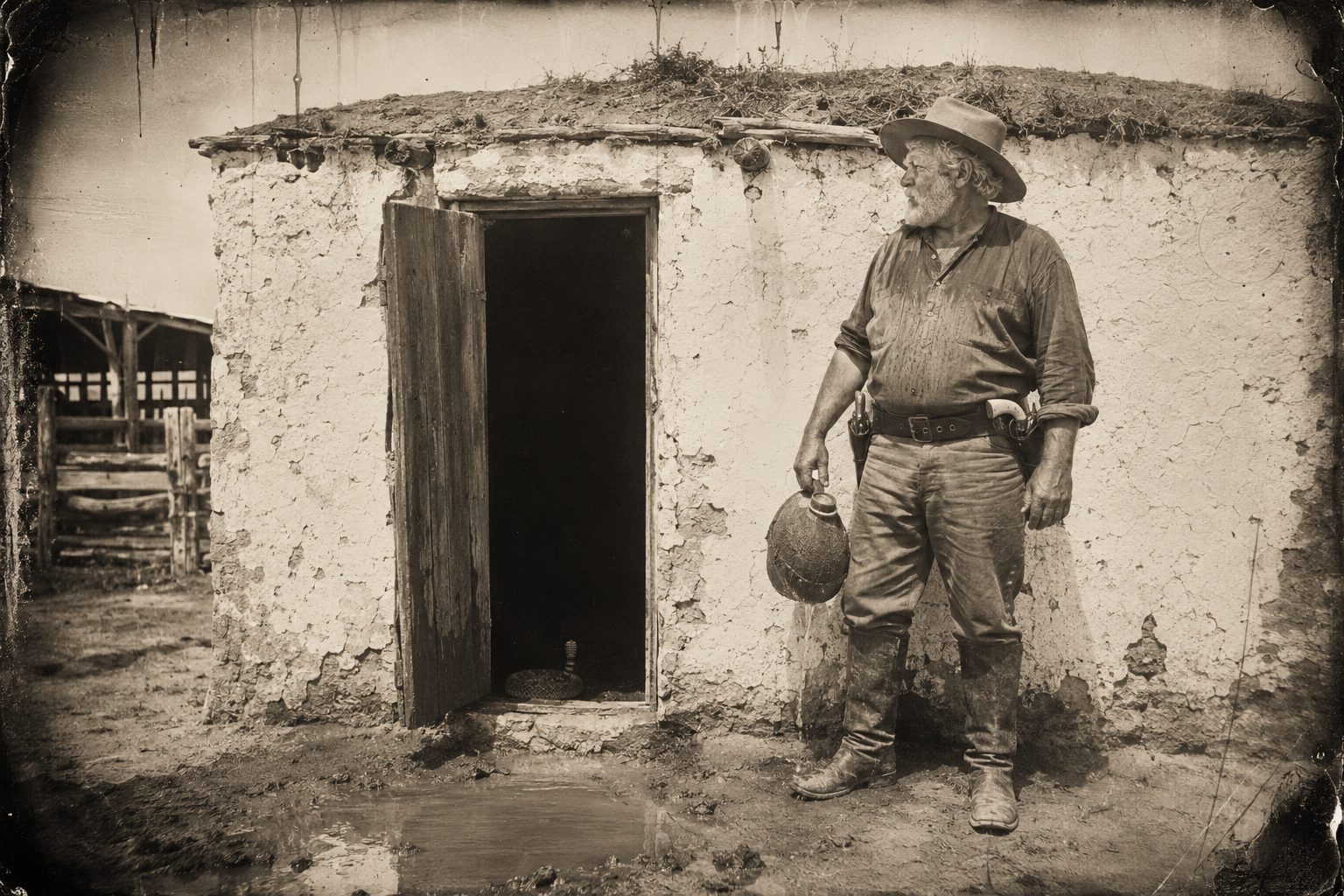 At the springhouse Augustus waits in the sun for the rattlesnake inside to calm down and crawl out, then lifts his whiskey jug from the mud.
