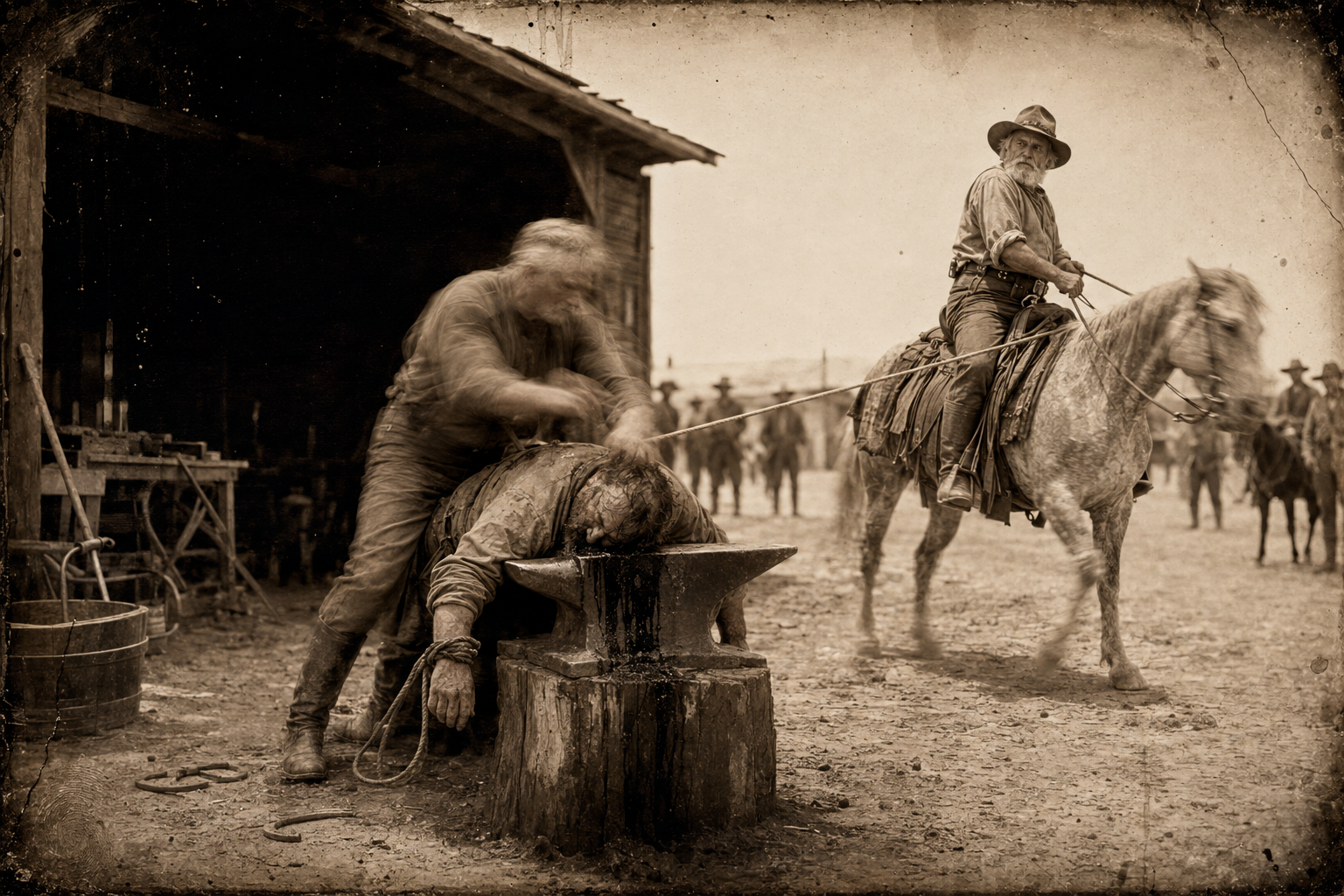 Call is beating Dixon's head against the blacksmith's anvil when Augustus rides the Hell Bitch up and drops a loop over his shoulders.
