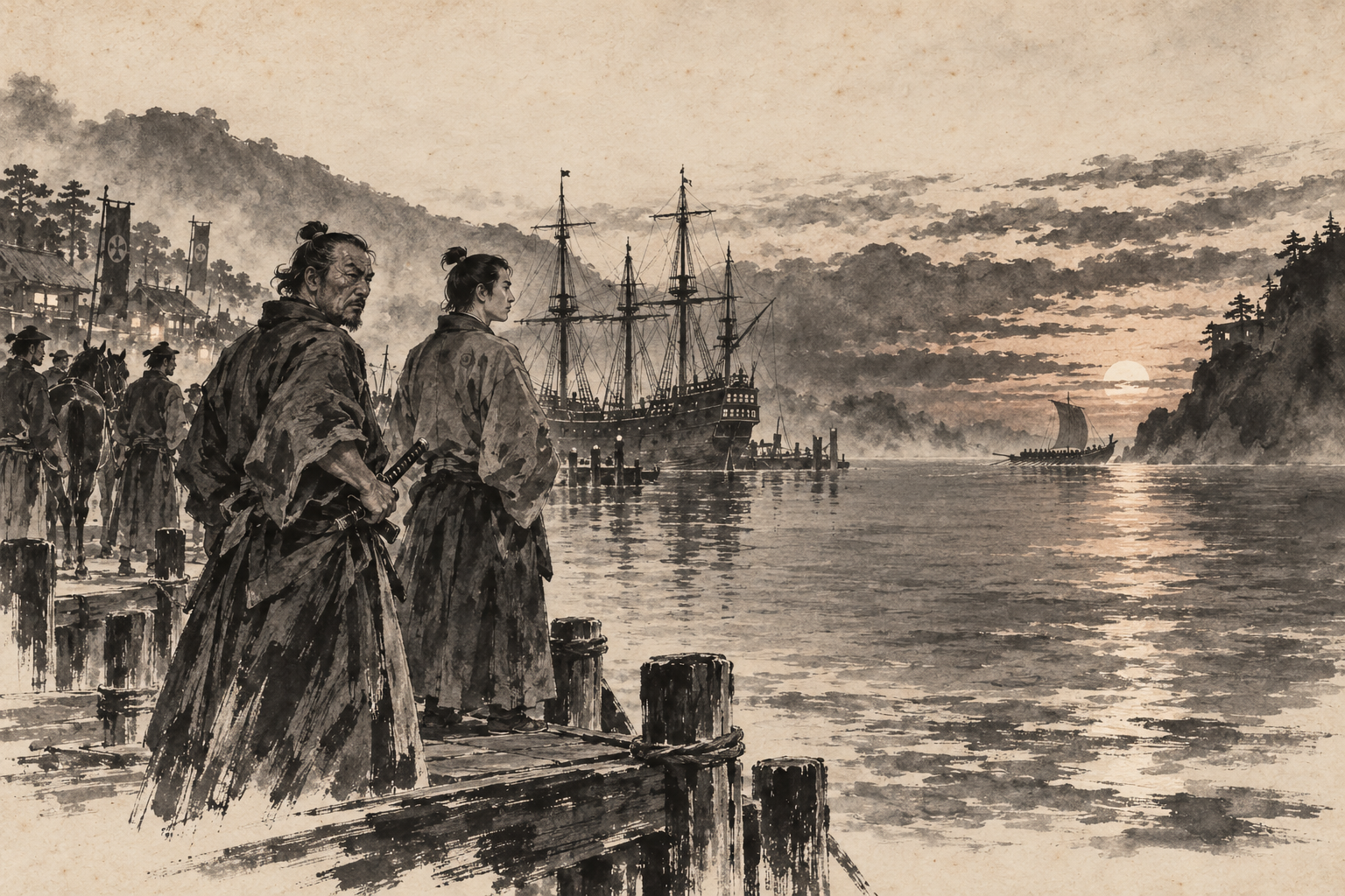 The galley rounds the headland at dusk