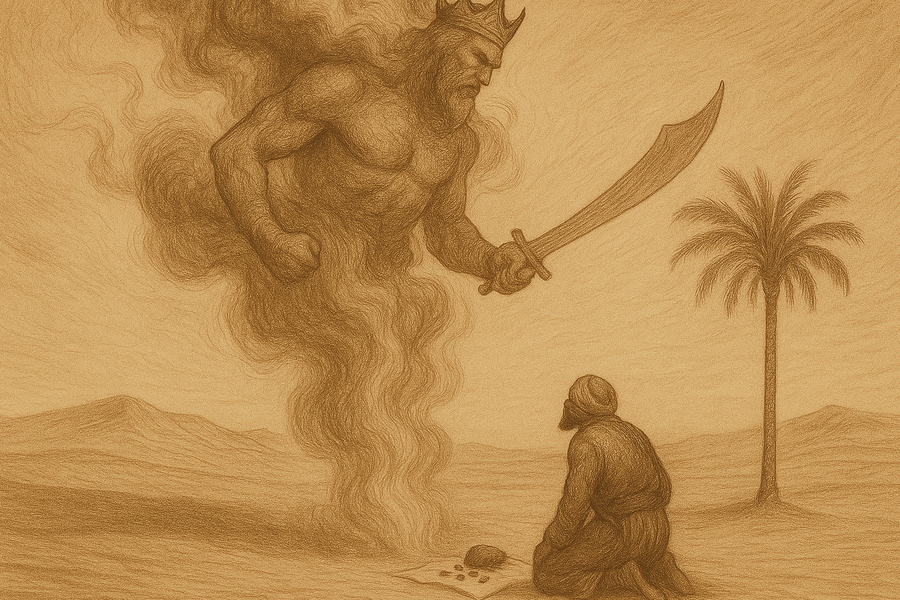 A vast jinni rising from a column of smoke above the kneeling merchant beneath the date palm.