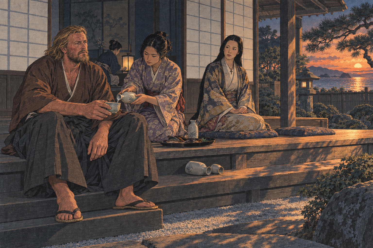 Saké in a teacup on the steps