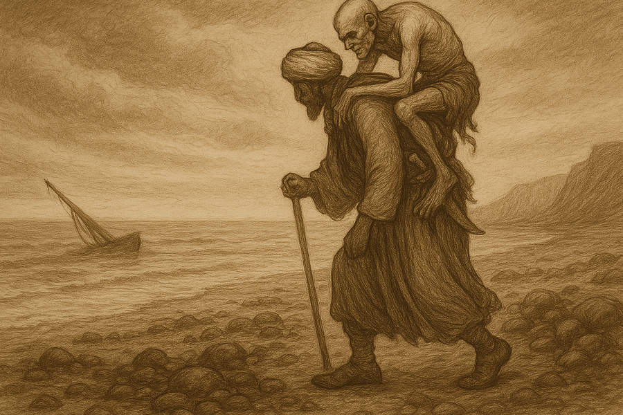 The hunched Old Man of the Sea riding clamped on Sindbad's shoulders along a desolate shore.